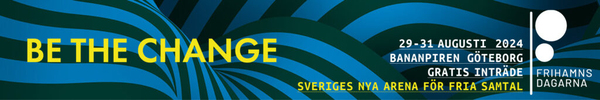 Grafisk banner med budskapet "BE THE CHANGE", datum och plats för evenemang i Göteborg.