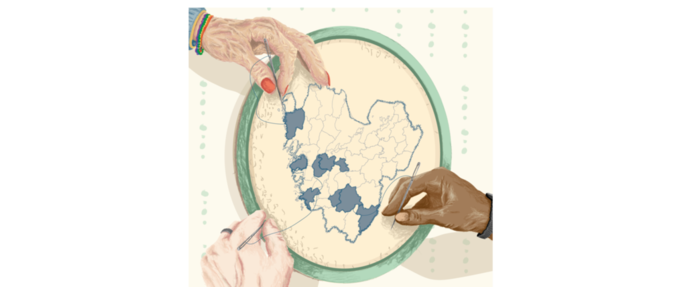 Illustration av händer som broderar kommuner anslutna till Jämställt Västra Götaland 2025-2027på en karta över Västra Götalands län