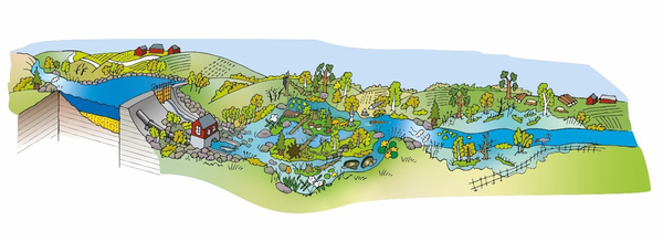 Illustration landskap med vattenkraft. Illustration: Illustration: Dietmar Kämmerling.