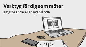Illustration med en dator och texten "Verktyg för dig som möter asylsökande och nyanlända."