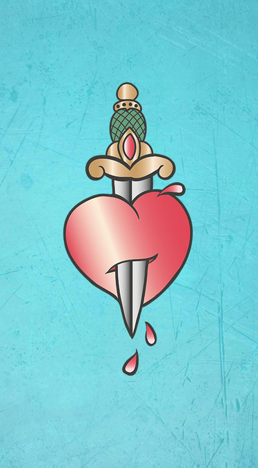 Illustration av ett hjärta genomborrat av en dolk med en krona på toppen, mot en turkos bakgrund.