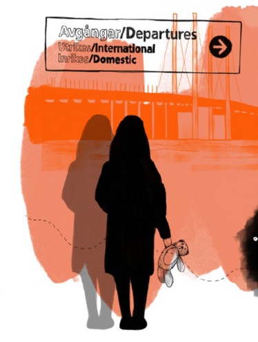Illustration av silhuetten av en flicka som går mot avgångshallen på en flygplats, hållandes en nalle i handen.