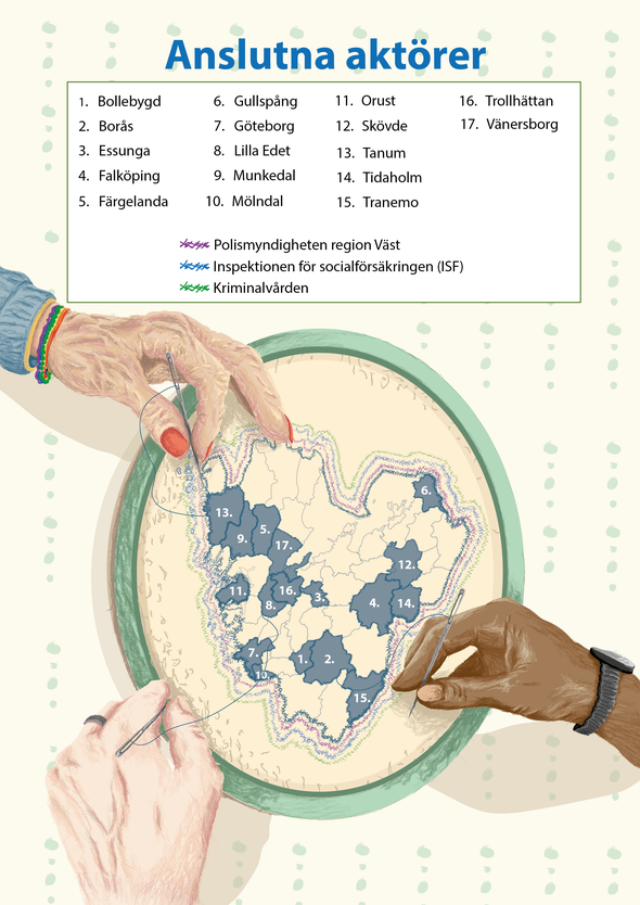 Händer som broderar på en karta över Västra Götalands län markerad med anslutna kommuner.