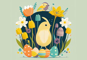 Färgglad illustration av en kyckling omgiven av påskägg och vårblommor.