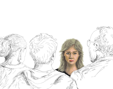 Illustration av en ung kvinna som tittar fram mellan tre personer.