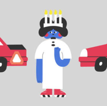 Illustration av en person i lucialinne och luciakrona mellan en bil och en epa-traktor.