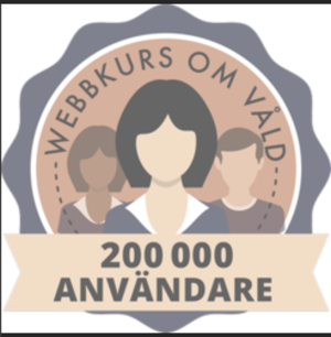 Illustration av tre personer framför texten "Webbkurs om våld" med en banderoll som visar "200 000 användare"