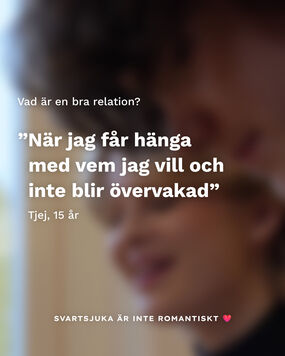 Ungdom i oskärpa med citat om relationer och svartsjuka.