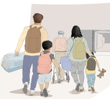 En flergenerationsfamilj går mot ett öppet skyddsrum, med barn, en äldre i rullator och personliga tillhörigheter