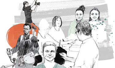 Illustration av flera personer i olika yrkessituationer och leende ansikten.