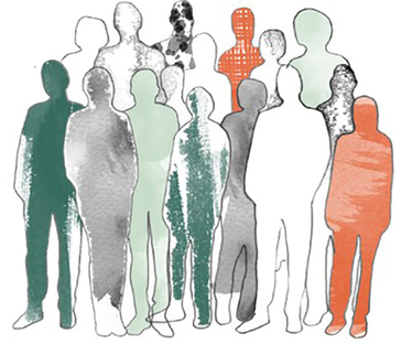 Illustration av en grupp abstrakta människosiluetter i grönt, grått och orange.