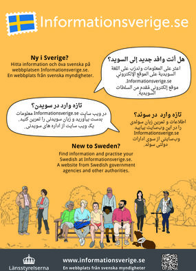 Plansch om Informationsverige.se med pratbubblor och webbplatsens adress