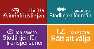 Fyra färgade rutor med telefonnummer till hjälplinjer: Kvinnofridslinjen, Stödlinjen för män, Stödlinjen för transpersoner och Rätt att välja