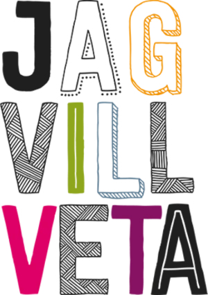 Texten "JAG VILL VETA" i färgglada bokstäver