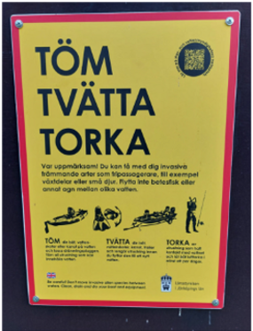 Informationsskylt, TÖM, TVÄTTA; TORKA., om att förhindra spridning av främmade arter