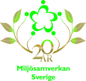 Miljösamverkan Sverige 20-årslogotyp: grön blomform med blad och text