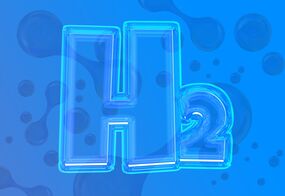 Blå neonliknande H₂-symbol med bubblor mot blå bakgrund