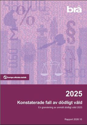 Omslag till rapporten "Konstaterade fall av dödligt våld 2025" med vågskål, silhuetter och siffror i bakgrunden