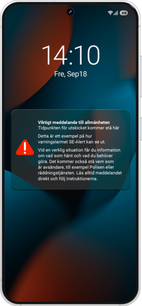 Mobilskärm med nödlarm och text om viktigt meddelande till allmänheten, klockan 14:10