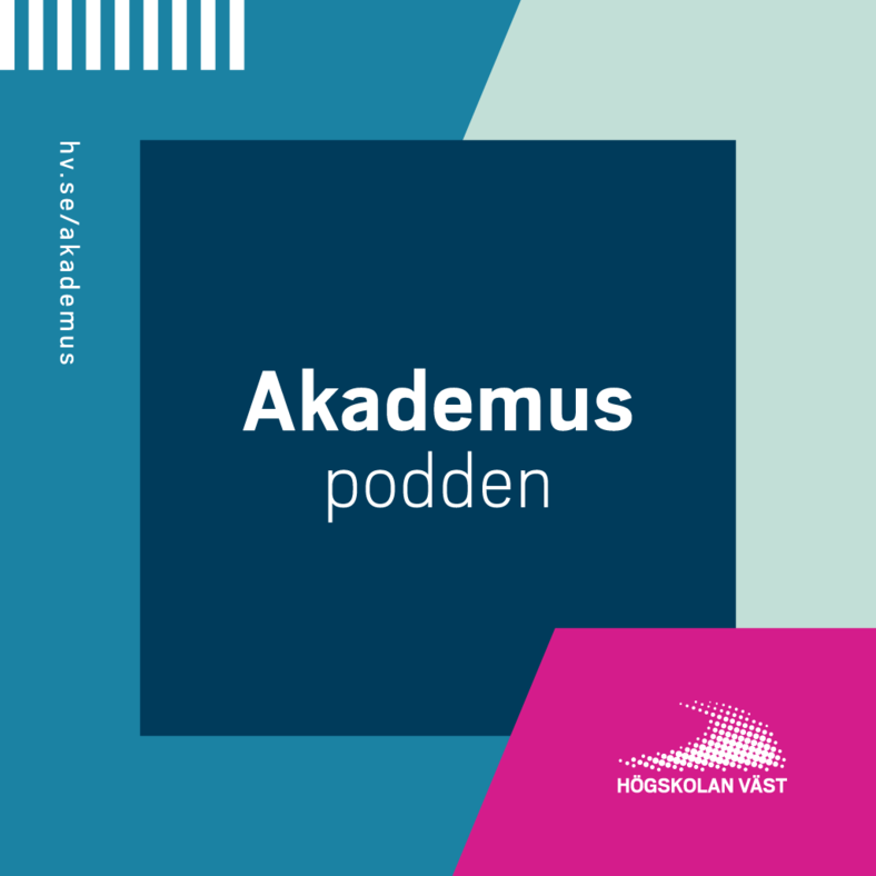 Grafisk bild med texten "Akademus podden" och logotypen för Högskolan Väst.