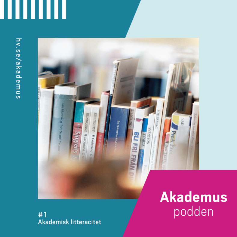 Grafisk bild med texten "Akademus podden" och logotypen för Högskolan Väst.