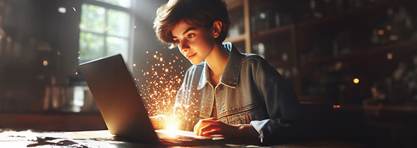 Ung person som använder en laptop med magiska gnistor som lyser upp ansiktet.