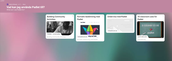 Skärmavbild av en webbsida med titeln "Vad kan jag använda Padlet till?" som visar olika användningsområden för Padlet i utbildningssammanhang.