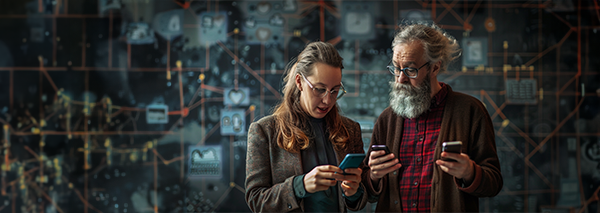 Ung kvinna och äldre man tittar på sina smartphones framför en abstrakt teknologisk bakgrund.