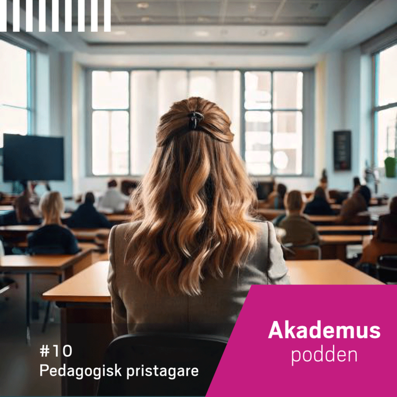 Kvinna sitter i ett klassrum och lyssnar på en föreläsning.