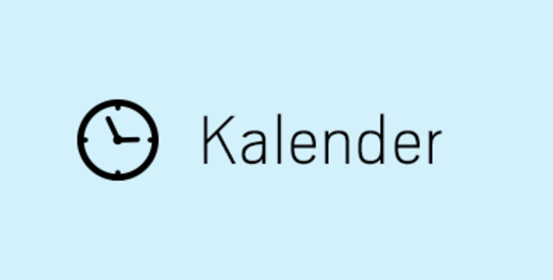 Ikon av en klocka med texten "Kalender" på ljusblå bakgrund.