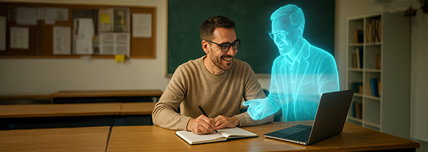 Man sitter vid skrivbord med bärbar dator och hologram av person som lär ut.