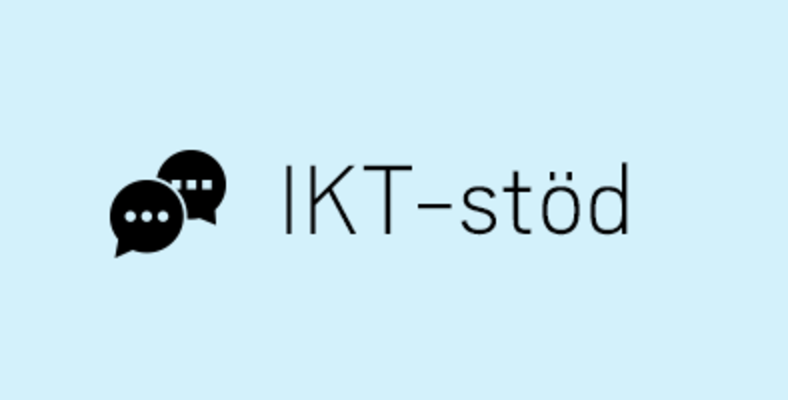 Ikon för textmeddelanden bredvid ordet IKT-stöd på ljusblå bakgrund.