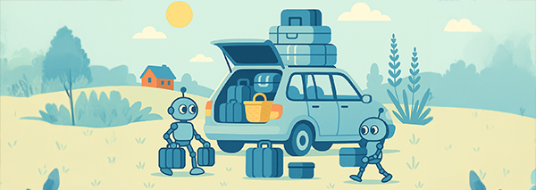 Illustration av en bil lastad med bagage och två robotar som packar i naturskönt landskap.