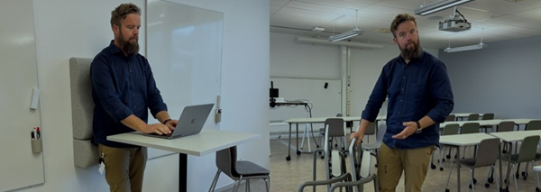 Man arbetar vid laptop på ett skrivbord i ett klassrum och står sedan och presenterar.