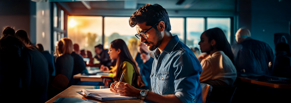 Man i förgrunden studerar flitigt i ett klassrum med andra studenter i bakgrunden.