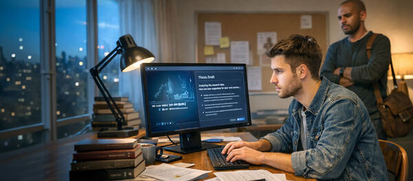 Ung man som arbetar sent vid en dator på kontor, kollega står i bakgrunden. BIlden är AI-genererad.