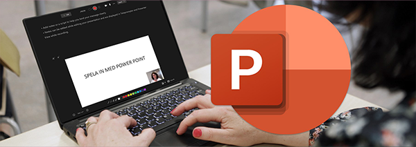 Bild på en laptop samt logotyp för PowerPoint