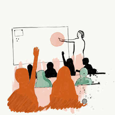 Illustration på undervisning med människor i förgrunden och en figur som undervisar vid tavla