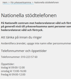 Webbsida med information om nationella stödtelefonen