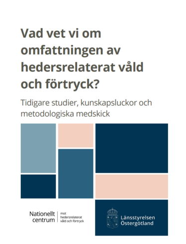 Rapportframsida med infografik, titel och logotyper för Nationellt centrum mot hedersrelaterat våld och Länsstyrelsen Östergötland.