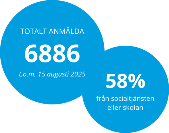 Diagram med statistik över totalt 6886 anmälda till kursen till och med 15 augusti 2025, varav 58% är från socialtjänsten eller skolan.