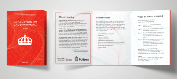 En broschyr med rött omslag om könsstympning som kan öppnas som en liten bok.