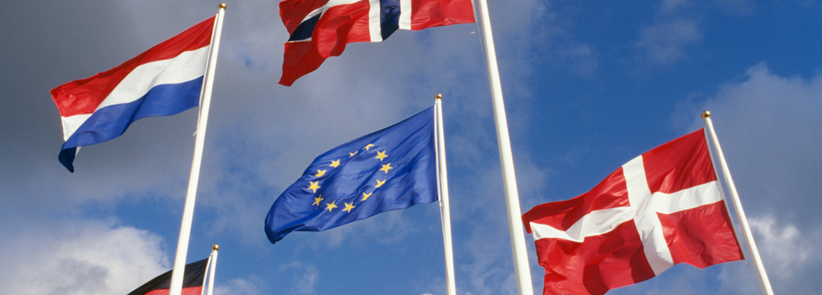 Europeiska flaggor mot en blå himmel med vita moln.