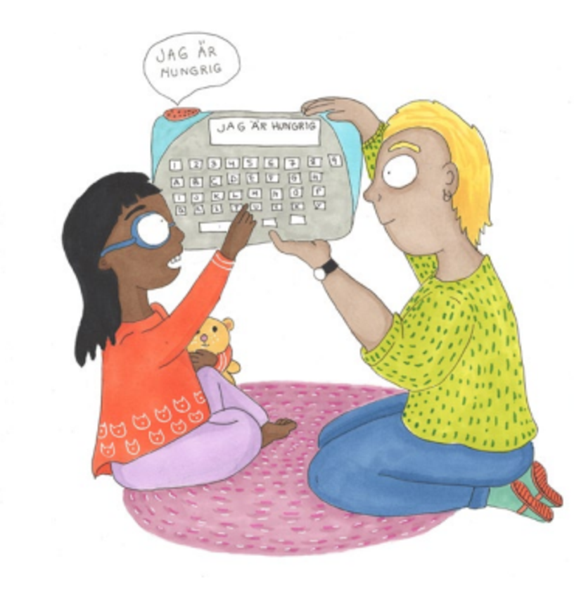 Illustration av ett barn och en vuxen som kommunicera med hjälpmedel.
