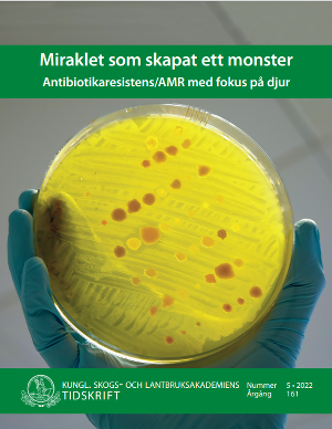 Framsidan av tidskrift som visar en hand i handske som håller i ett antibitotikaprov