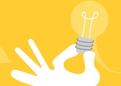 Illustration med en hand som håller i en glödlampa.