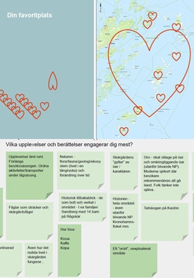Bildkollage - hjärtan som markerar ut olika favoritplatser på en karta i Nämdöskärgården och anslagstavla med gröna post-it lappar.