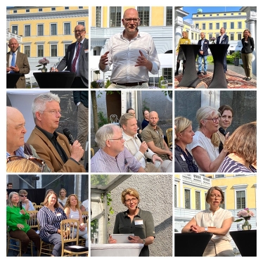 Kollage med bilder på människor från lanseringen i Tessinska palatsets trädgård. Talare och inbjudna gäster. Foto: Marcus Bertilsson.