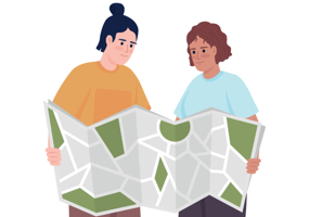 Illustartion av två personer som håller i en karta. Illustration: Mostphotos