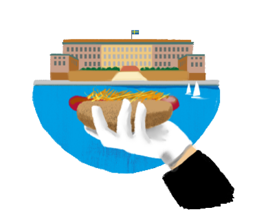 Handskbeklädd hand håller i en korv med bröd, i bakgrunden Stockholms slott.